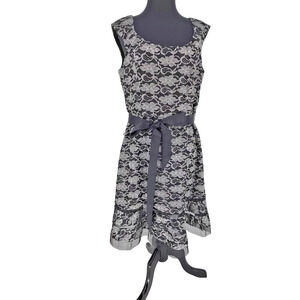 R&M Richards Black Silver Thread Fit&Flare Cocktail Dress Size 16 Lined Zip Belt